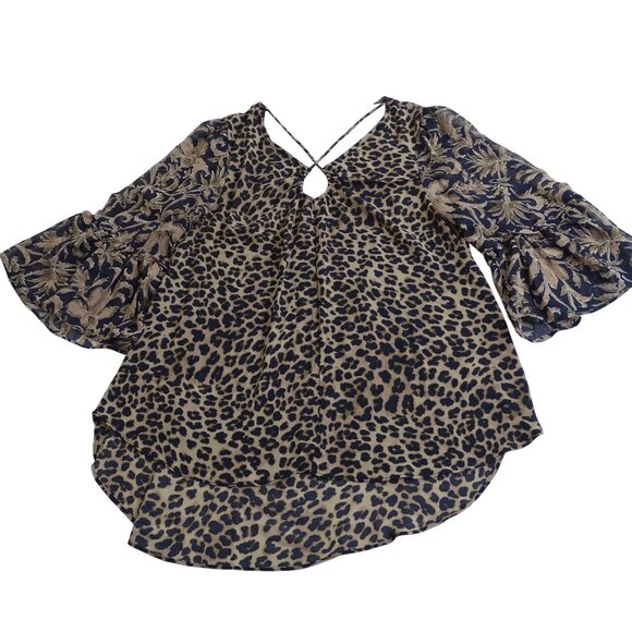 Cato Tan Black Leopard Animal Print Bell 3/4 Sleeve Tunic Top Womens Size M - Picture 1 of 12